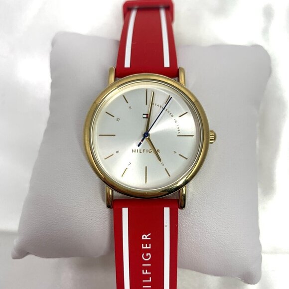 Tommy Hilfiger Mens Gold-Tone White Dial Red Silicone Strap Watch - Picture 1 of 11